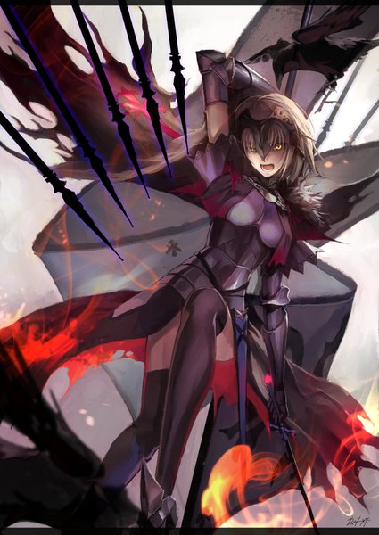 Anime picture 1254x1771 with fate (series) fate/grand order fate/apocrypha jeanne d'arc (fate) (all) jeanne d'arc alter (fate) hijiki daixt single tall image looking at viewer fringe breasts open mouth blonde hair large breasts yellow eyes full body bent knee (knees) arm up blurry grey background