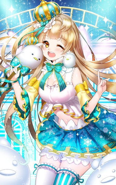 Anime picture 750x1200 with love live! school idol project sunrise (studio) love live! minami kotori minami kotori (bird) aile (crossroads) single long hair tall image looking at viewer blush fringe open mouth brown hair yellow eyes one eye closed wink bare belly different thighhighs animal on shoulder
