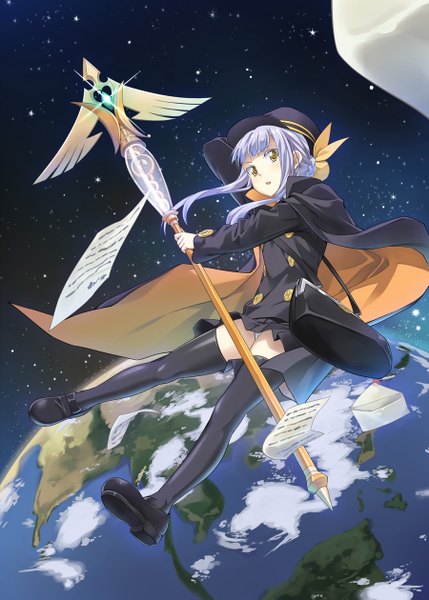 Anime picture 900x1259 with shigofumi fumika kanaka tenkuu nozora single long hair tall image yellow eyes silver hair space girl thighhighs skirt black thighhighs bag staff peaked cap paper planet earth