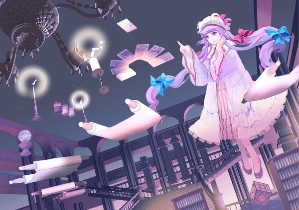Anime picture 2483x1754 with touhou patchouli knowledge 119 single long hair highres purple eyes purple hair indoors flying girl dress bow hair bow hat book (books) stairs card (cards) candle (candles) room