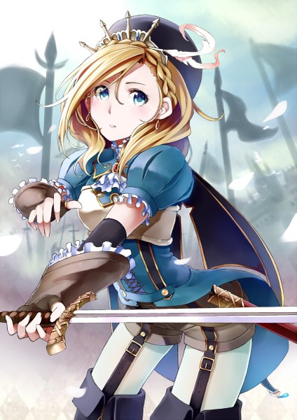 Anime picture 849x1200 with original retsuna single long hair tall image looking at viewer blue eyes blonde hair girl dress weapon hat detached sleeves sword