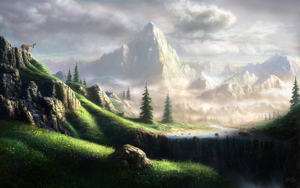 Anime picture 1680x1050 with original fel-x (artist) wide image cloud (clouds) sunlight wallpaper mountain landscape scenic river nature rock waterfall panorama plant (plants) animal tree (trees) water bird (birds) grass