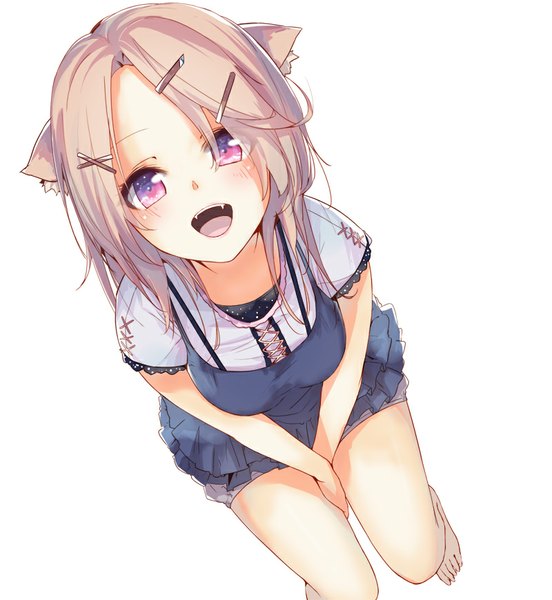 Anime picture 800x869 with original la-na single long hair tall image looking at viewer open mouth simple background white background sitting animal ears pink hair bent knee (knees) pink eyes barefoot from above cat ears teeth bare legs fang (fangs)