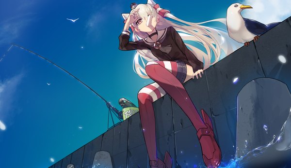 Anime picture 3035x1764 with kantai collection amatsukaze destroyer i-class destroyer tsubasa19900920 single long hair fringe highres wide image sitting holding brown eyes sky white hair wind two side up mouth hold girl thighhighs hair ornament