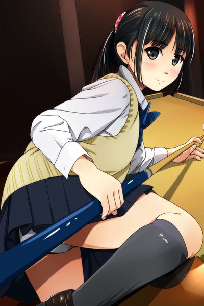 Anime picture 800x1200 with original matsunaga kouyou single long hair tall image looking at viewer blush light erotic black hair bent knee (knees) ponytail pleated skirt looking back black eyes pantyshot billiards girl skirt uniform underwear