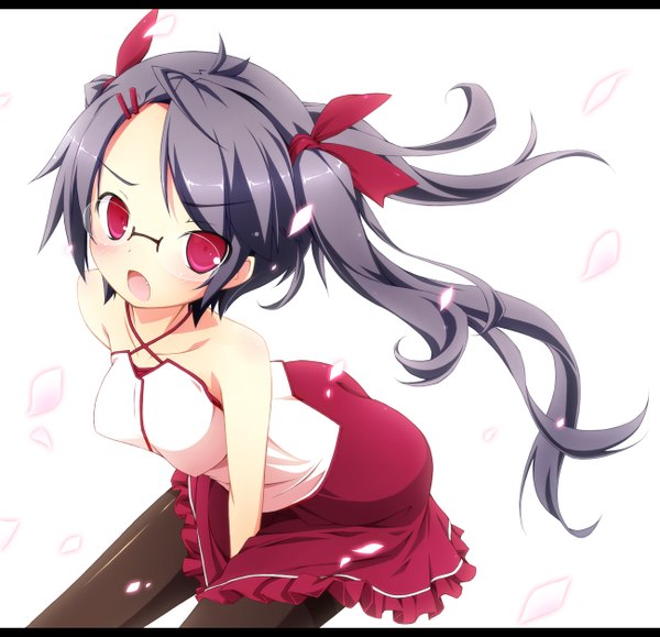 Anime picture 1300x1256 with original kanzaki sora single open mouth black hair simple background red eyes white background twintails girl skirt hair ornament miniskirt petals glasses bobby pin