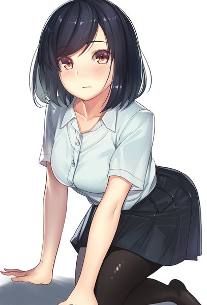 Anime picture 1172x1726 with original kagematsuri single tall image looking at viewer blush short hair black hair simple background white background brown eyes pleated skirt no shoes kneeling on all fours girl skirt uniform school uniform shirt