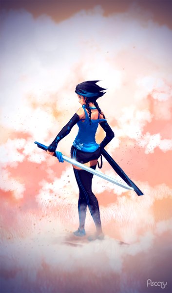 Anime picture 1100x1867 with original hikaruga single tall image short hair looking back multicolored hair two-tone hair back girl thighhighs weapon sword shorts