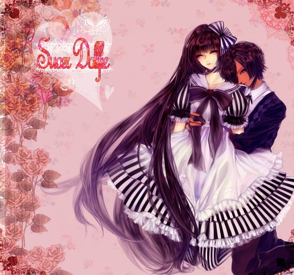 Anime picture 1600x1500 with tom (pixiv) long hair fringe short hair blue eyes purple hair eyes closed hair over one eye couple kneeling dark skin striped girl dress boy flower (flowers) bow hair bow heart rose (roses)