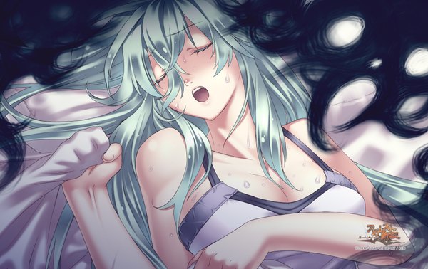 Anime picture 1900x1200 with agarest senki single long hair highres breasts open mouth light erotic bare shoulders lying eyes closed green hair girl