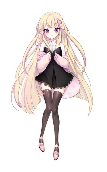 Anime picture 2000x3200 with original yomi (pixiv 6549161) single long hair tall image looking at viewer blush fringe highres simple background blonde hair standing white background pink eyes girl thighhighs hair ornament black thighhighs hairclip