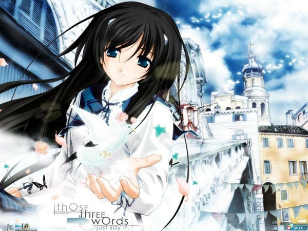 Anime picture 1280x960 with memories off misasagi inori long hair blue eyes black hair cloud (clouds) city girl uniform flower (flowers) school uniform petals insect butterfly house pigeon church