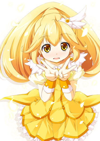 Anime picture 1200x1694 with precure smile precure! toei animation kise yayoi cure peace kanzaki sora long hair tall image looking at viewer blonde hair yellow eyes victory girl dress earrings petals jewelry tiara