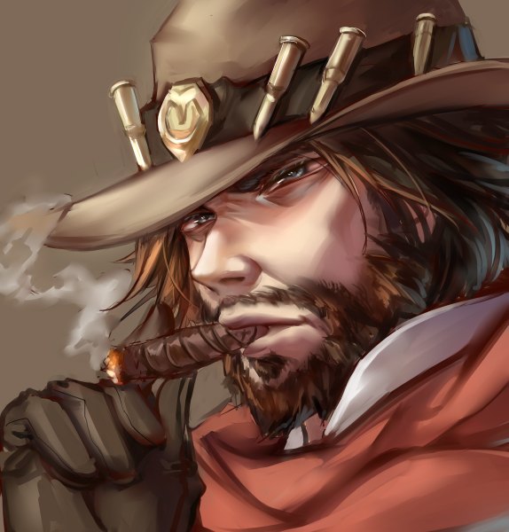 Anime picture 1147x1200 with overwatch blizzard entertainment mccree (overwatch) yaya (shizuku) single tall image short hair simple background brown hair brown eyes looking away portrait smoke smoking brown background boy gloves hat beard mustache