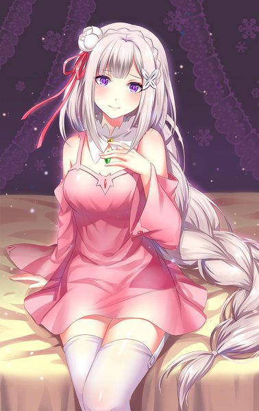 Anime picture 1000x1587 with re:zero kara hajimeru isekai seikatsu white fox emilia (re:zero) moyu single tall image looking at viewer blush smile sitting purple eyes white hair braid (braids) very long hair hair flower girl thighhighs dress flower (flowers) white thighhighs