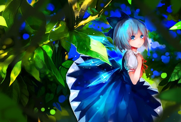 Anime picture 1748x1181 with touhou cirno jmjmjm (jm648223960) single looking at viewer highres short hair blue eyes blue hair outdoors lips blurry short sleeves depth of field hand on chest girl dress bow ribbon (ribbons) plant (plants)