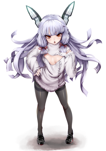 Anime picture 848x1200 with kantai collection murakumo destroyer souryu single long hair tall image looking at viewer blush fringe breasts open mouth light erotic simple background standing white background payot silver hair long sleeves head tilt from above