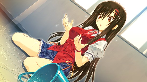 Anime picture 1024x576 with love-bride eve single long hair black hair wide image brown eyes game cg wet clothes girl serafuku