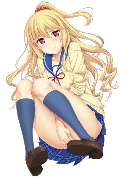 Anime picture 573x800 with strike the blood aiba asagi takayaki single long hair tall image blush light erotic simple background blonde hair red eyes white background bent knee (knees) ponytail pleated skirt from below embarrassed covering knees together feet apart covering crotch