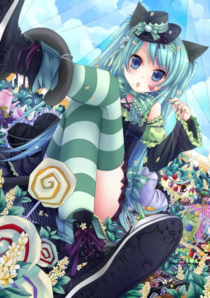 Anime picture 900x1275 with vocaloid hatsune miku single long hair tall image highres open mouth blue eyes twintails animal ears blue hair green hair cat ears cat girl alternate costume legs crossed legs striped girl thighhighs