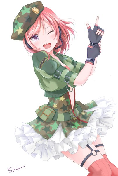 Anime picture 607x900 with love live! school idol project sunrise (studio) love live! nishikino maki shino (shinderera) single tall image looking at viewer short hair open mouth simple background smile white background purple eyes signed red hair one eye closed zettai ryouiki ;d girl