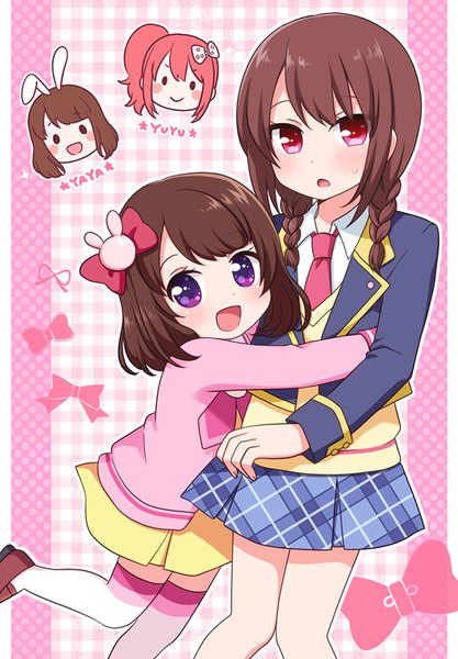 Anime picture 596x856 with puri para pretty (series) ringo yuyu long hair tall image looking at viewer blush fringe short hair smile brown hair purple eyes multiple girls pink eyes hug girl thighhighs skirt 2 girls white thighhighs