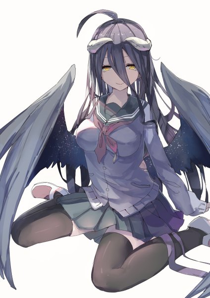 Anime picture 1000x1414 with overlord (maruyama) madhouse albedo (overlord) mitu yang single tall image looking at viewer breasts simple background smile white background sitting yellow eyes purple hair ahoge bent knee (knees) very long hair pleated skirt horn (horns) zettai ryouiki