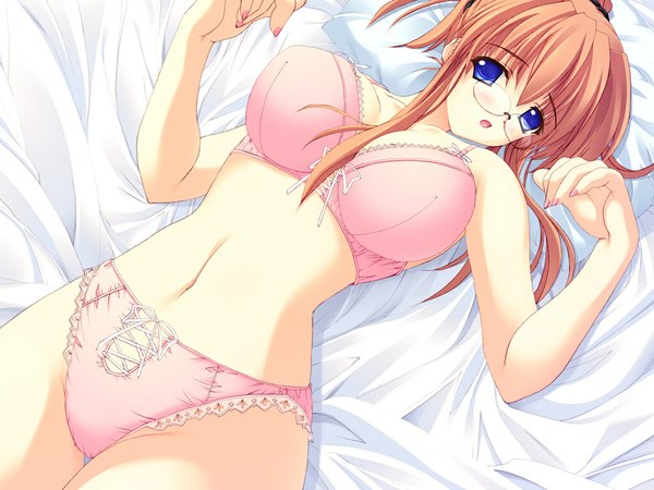 Anime picture 1024x768 with long hair blush breasts open mouth blue eyes light erotic brown hair large breasts game cg ponytail lying underwear only underwear panties glasses lingerie bra bed pink panties pink bra