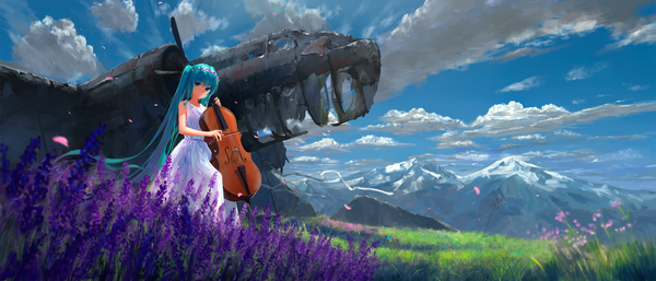 Anime picture 2520x1080 with vocaloid hatsune miku sombernight single looking at viewer fringe highres blue eyes hair between eyes wide image standing twintails bare shoulders blue hair sky cloud (clouds) outdoors very long hair mountain landscape