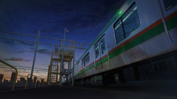 Anime picture 1920x1080 with original tanaka ryosuke highres wide image cloud (clouds) night from below night sky no people twilight building (buildings) star (stars) power lines train railways railroad tracks