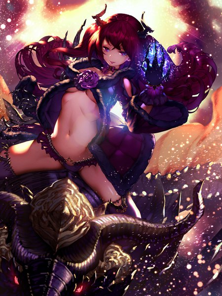 Anime picture 1250x1667 with original yurika0207 single long hair tall image looking at viewer blush fringe breasts light erotic smile purple eyes red hair parted lips horn (horns) sunlight wide sleeves bare belly fur trim lipstick