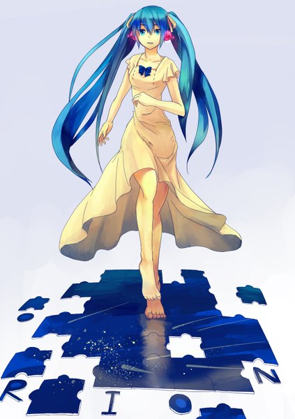 Anime picture 1200x1700 with vocaloid hatsune miku greenheart single long hair tall image blue eyes simple background twintails barefoot aqua hair girl dress puzzle