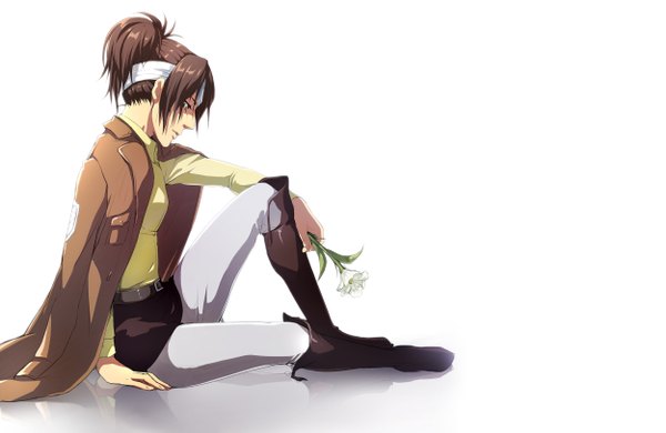 Anime picture 2500x1625 with shingeki no kyojin production i.g hange zoe null (chronix) single fringe highres short hair simple background brown hair white background sitting holding brown eyes looking away full body ponytail long sleeves profile reflection
