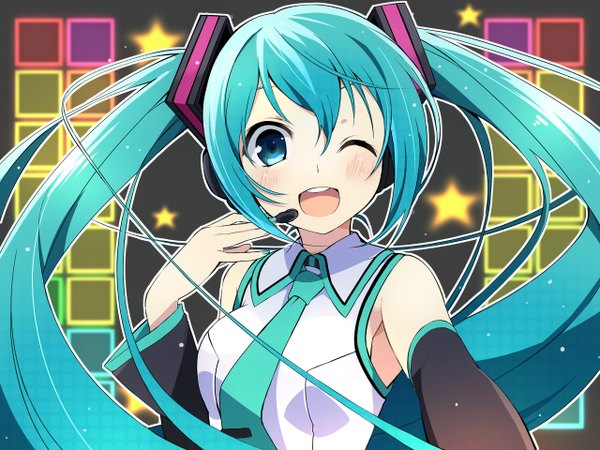 Anime picture 1280x960 with vocaloid hatsune miku wara (warapro) single long hair looking at viewer blush open mouth twintails bare shoulders nail polish one eye closed aqua eyes wink aqua hair girl detached sleeves headphones