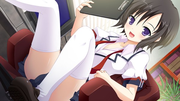 Anime picture 2048x1152 with namima no kuni no faust torishimo highres short hair open mouth black hair wide image purple eyes game cg teeth fang (fangs) girl thighhighs uniform school uniform white thighhighs