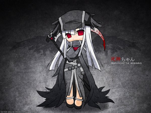 Anime picture 2048x1536 with tagme (character) highres red eyes white hair grey background loli gothic girl weapon hat wings blood scythe
