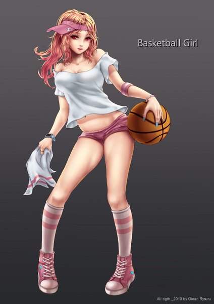 Anime picture 2376x3362 with oinari risuru single long hair tall image looking at viewer highres light erotic simple background blonde hair red eyes bare shoulders basketball girl navel socks shoes shorts short shorts clock ball
