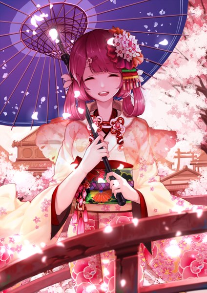 Anime picture 1000x1414 with curry bowl single long hair tall image fringe breasts open mouth holding pink hair outdoors eyes closed traditional clothes :d japanese clothes hair flower wide sleeves cherry blossoms floral print happy girl