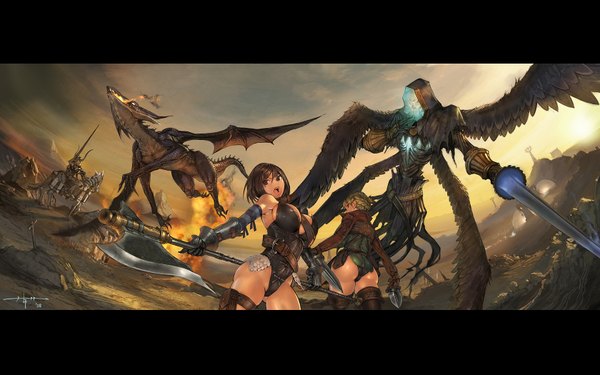Anime picture 1680x1050 with fantasy earth zero short hair open mouth light erotic blonde hair brown hair wide image bare shoulders multiple girls brown eyes sky ass looking back horn (horns) evening sunset mountain flying fantasy battle