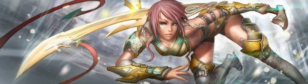 Anime picture 2000x550 with lightning returns: final fantasy xiii gevurah-studios (artist) single long hair wide image looking away pink hair grey eyes jumping girl weapon detached sleeves sword shorts short shorts thigh boots