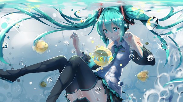 Anime picture 2039x1147 with vocaloid hatsune miku asahi kuroi single highres wide image twintails very long hair aqua eyes aqua hair underwater girl skirt hair ornament detached sleeves miniskirt necktie boots thigh boots bubble (bubbles)