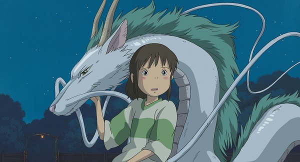 Anime picture 4020x2172 with spirited away studio ghibli haku (spirited away) ogino chihiro haku (dragon) blush highres brown hair wide image absurdres ponytail night fantasy screenshot girl tree (trees) star (stars) forest lantern dragon