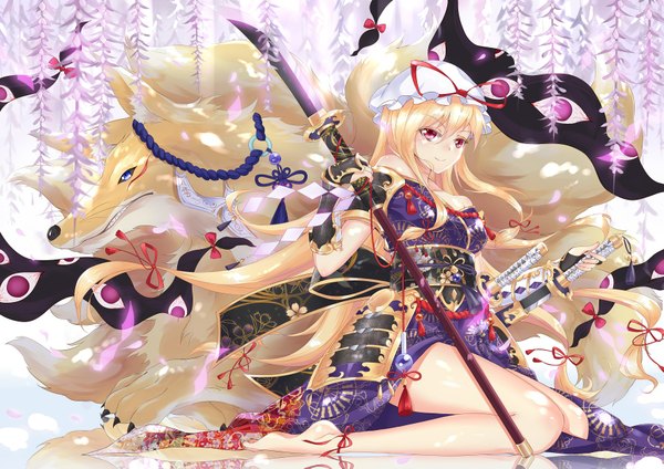 Anime-Bild 1776x1257 mit touhou yakumo yukari yakumo ran fengsao hua tanzhang long hair highres blonde hair red eyes traditional clothes japanese clothes light smile bare legs eyes girl flower (flowers) weapon animal petals sword kimono