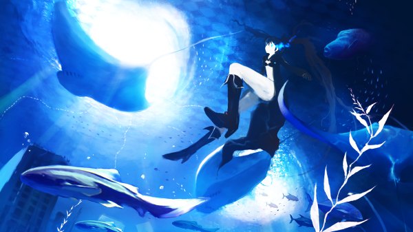 Anime picture 1200x674 with black rock shooter black rock shooter (character) hirokiku blue eyes black hair wide image twintails sunlight city glowing blue background glowing eye (eyes) underwater checkered front-tie top uneven twintails gloves jacket shorts boots