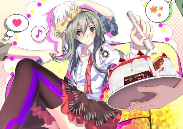 Anime picture 1402x992 with kagerou project shaft (studio) kido tsubomi aki663 long hair grey hair grey eyes open collar girl thighhighs dress bow black thighhighs hair bow sweets cake