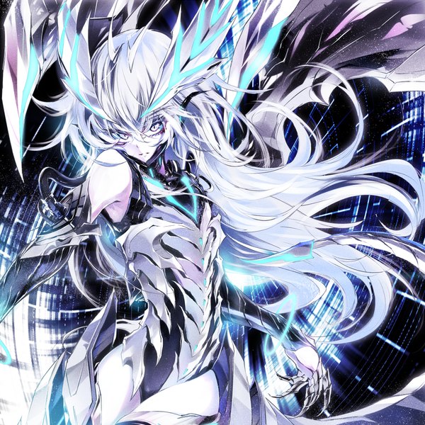 Anime picture 1000x1000 with original pkk single long hair looking at viewer fringe standing bare shoulders silver hair grey eyes floating hair girl detached sleeves armor wire (wires) claws