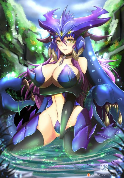 Anime picture 1120x1612 with league of legends rek'sai (league of legends) torahime (roland00) single long hair tall image blush short hair breasts light erotic large breasts yellow eyes pink hair teeth fang (fangs) monster girl girl thighhighs gloves navel