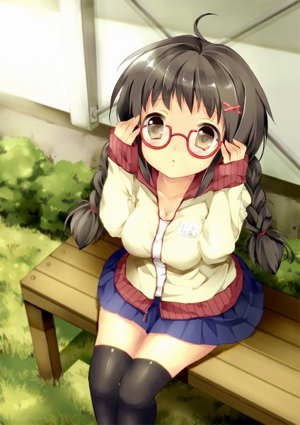 Anime picture 707x1000 with original wataame27 single long hair tall image looking at viewer breasts brown hair sitting brown eyes cleavage ahoge braid (braids) pleated skirt from above zettai ryouiki twin braids looking up adjusting glasses girl