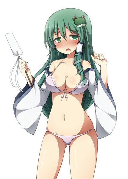 Anime picture 717x1000 with touhou kochiya sanae creta (taku10) single long hair tall image breasts open mouth light erotic simple background white background green eyes green hair midriff girl navel hair ornament swimsuit detached sleeves bikini