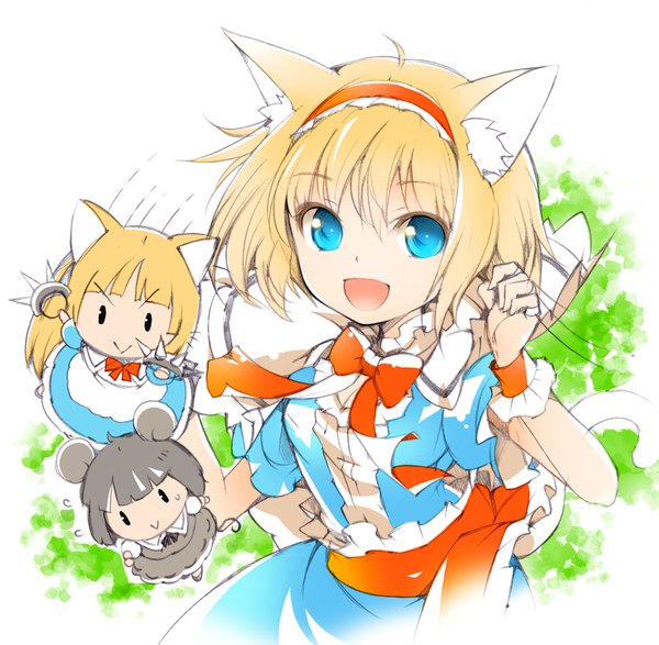 Anime picture 900x881 with touhou alice margatroid shanghai nazrin ichizen (o tori) long hair looking at viewer fringe short hair open mouth blue eyes blonde hair simple background multiple girls animal ears ahoge upper body tail blunt bangs :d